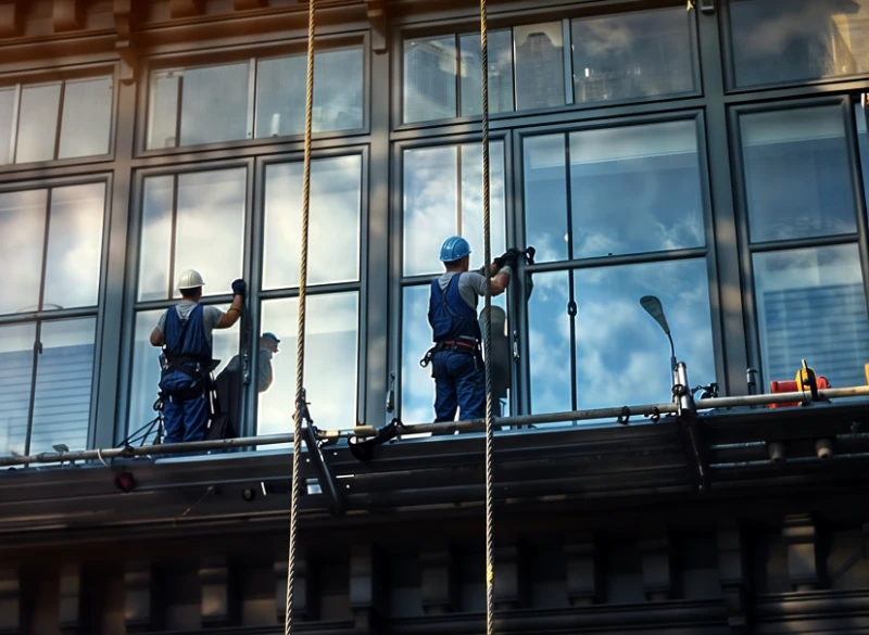 Window cleaners in hard hats and safety harnesses cleaning the glass exterior of a high-rise building from a suspended platform